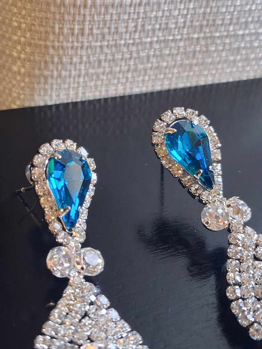Sapphire Blue Glass Rhinestone Pageant Statement Earrings Prom Event Bridal 3¼" - Picture 6 of 16